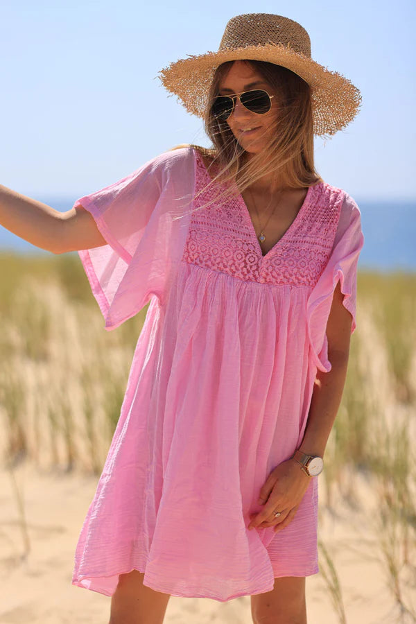 Pink floaty cotton dress with lace detail