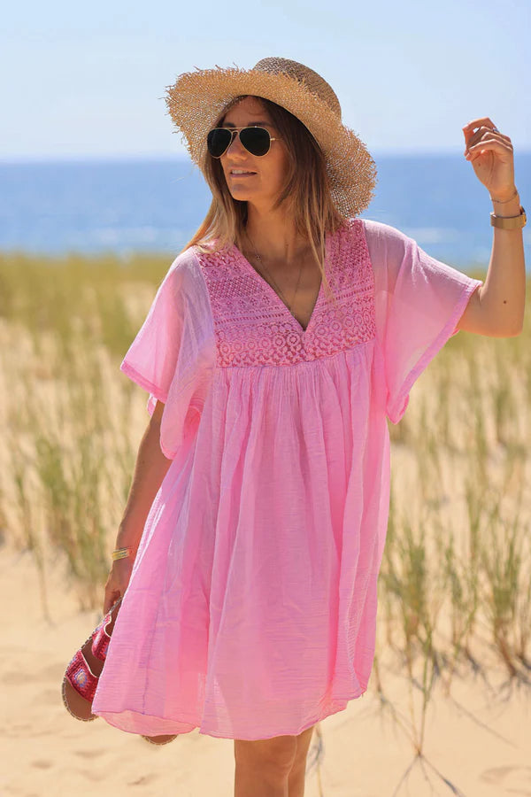 Pink floaty cotton dress with lace detail