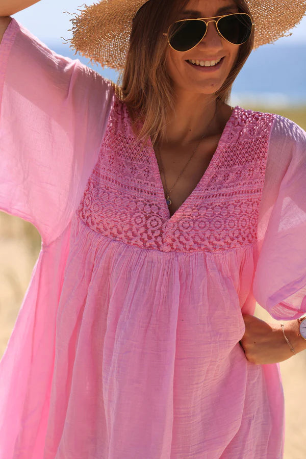 Pink floaty cotton dress with lace detail