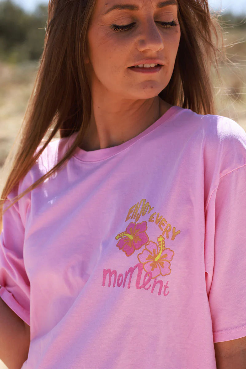 Pink “Enjoy Every Moment” Hibiscus Tee