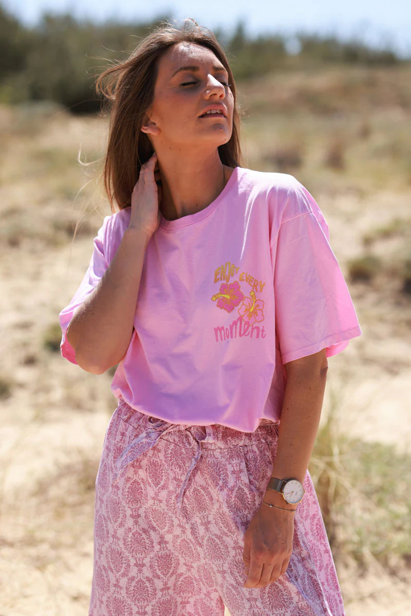 Pink “Enjoy Every Moment” Hibiscus Tee
