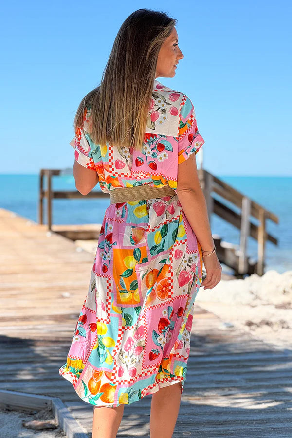 Pink Fruit Print Cap Sleeve Button-Down Dress