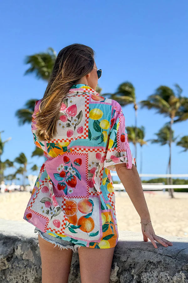 Multicolor Fruit Print Cap Sleeve Button-Down