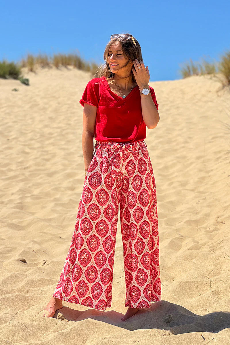 Pink fuchsia Batik Medallions Belted Pull-On Pants