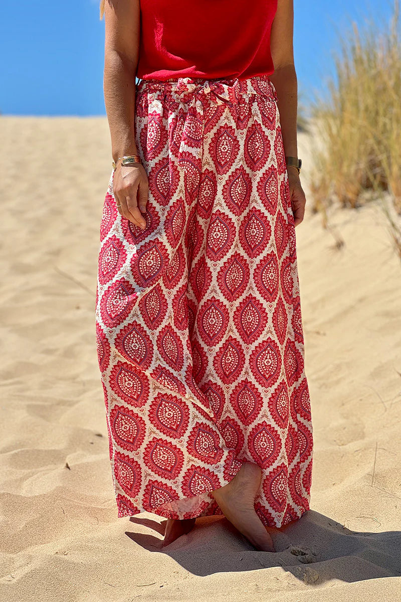 Pink fuchsia Batik Medallions Belted Pull-On Pants