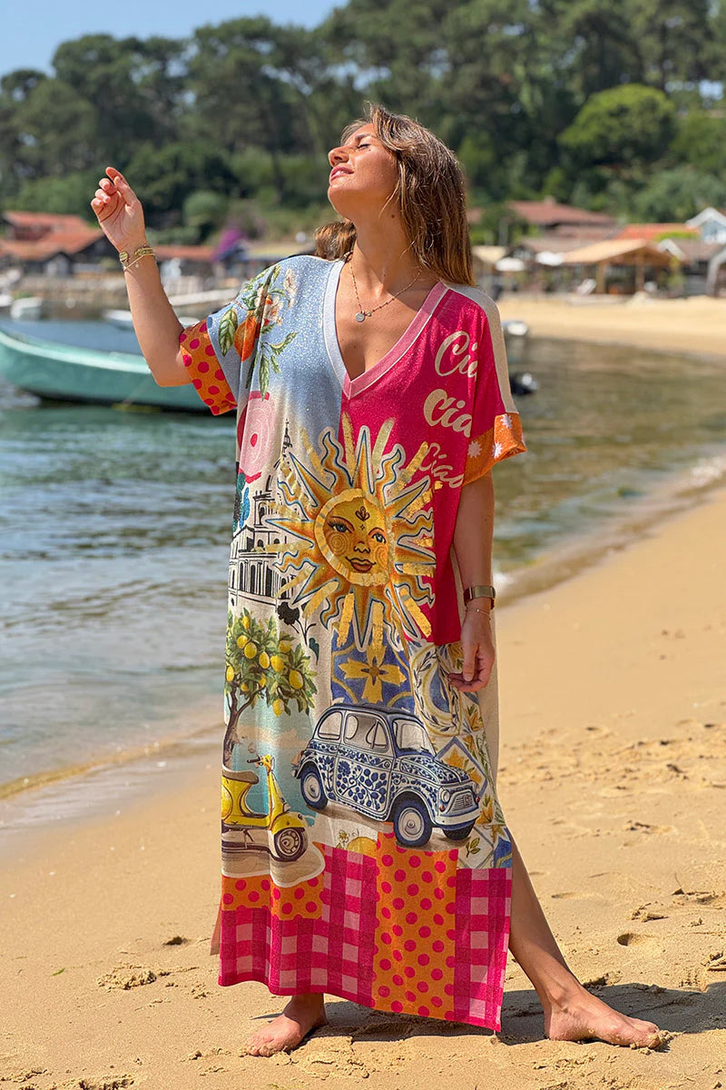 Pink Fuchsia Summer Sun Patchwork Glitter Maxi Dress