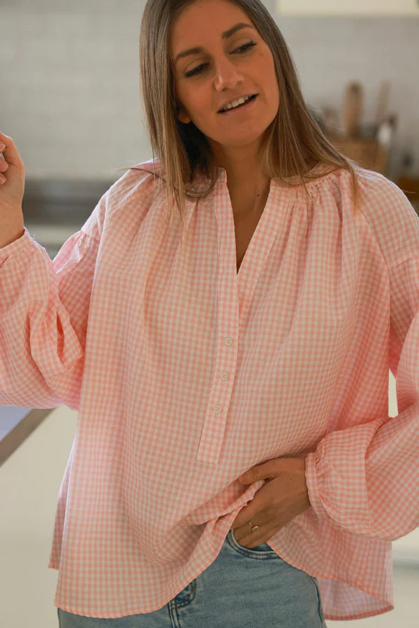 Baby Pink Gingham Cotton Button-Down Blouse