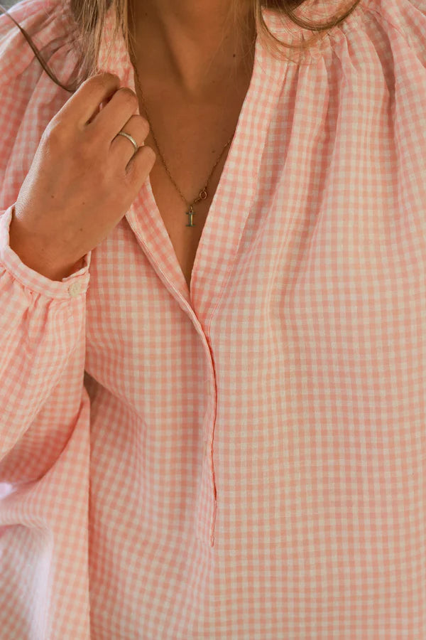 Baby Pink Gingham Cotton Button-Down Blouse