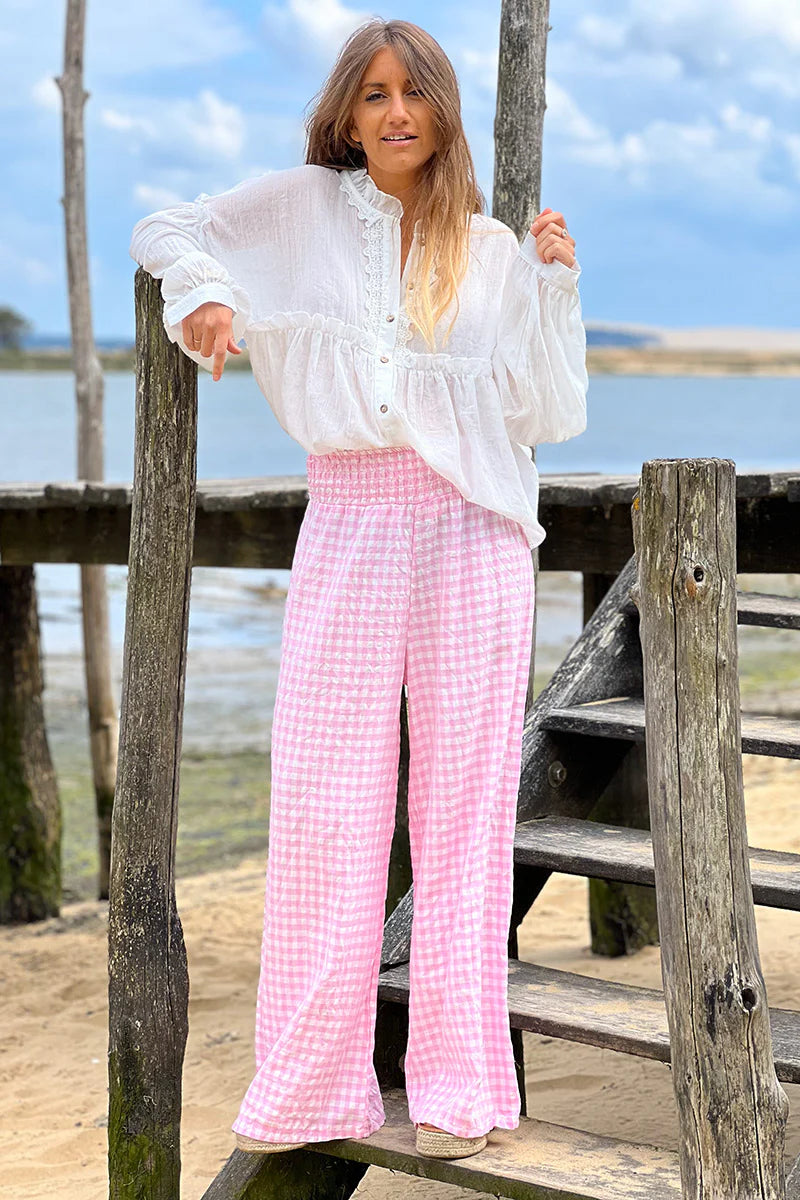 Pink Gingham Wide Leg Pants