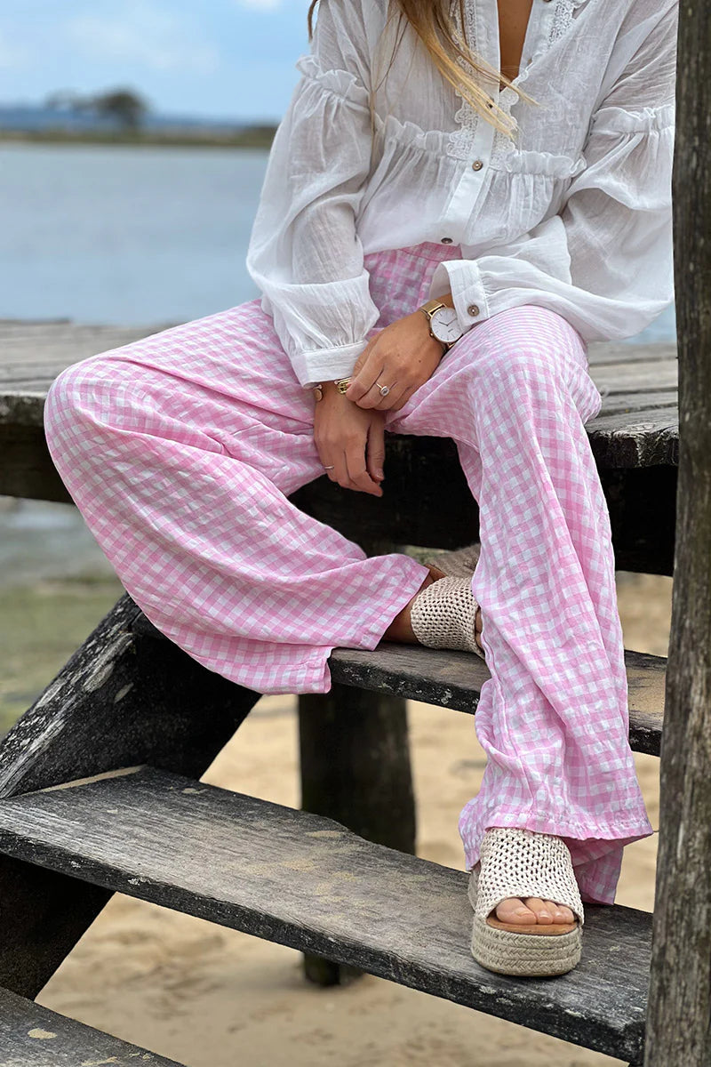 Pink Gingham Wide Leg Pants