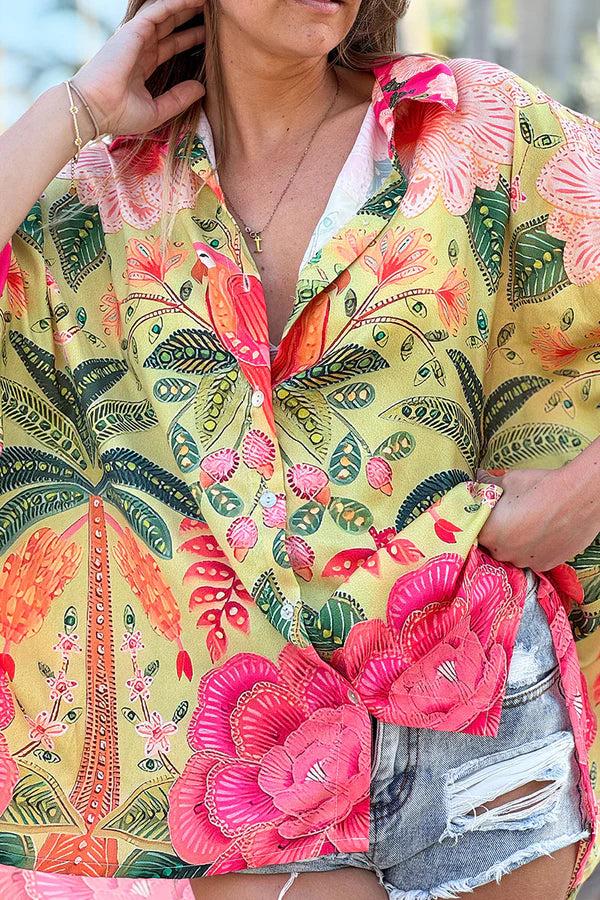 Pink and Green Batik Parrot Kimono Blouse