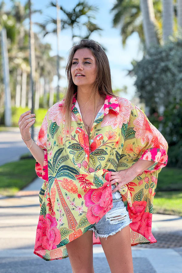 Pink and Green Batik Parrot Kimono Blouse