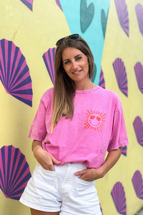 Pink Happy Sun Screen Print Tee