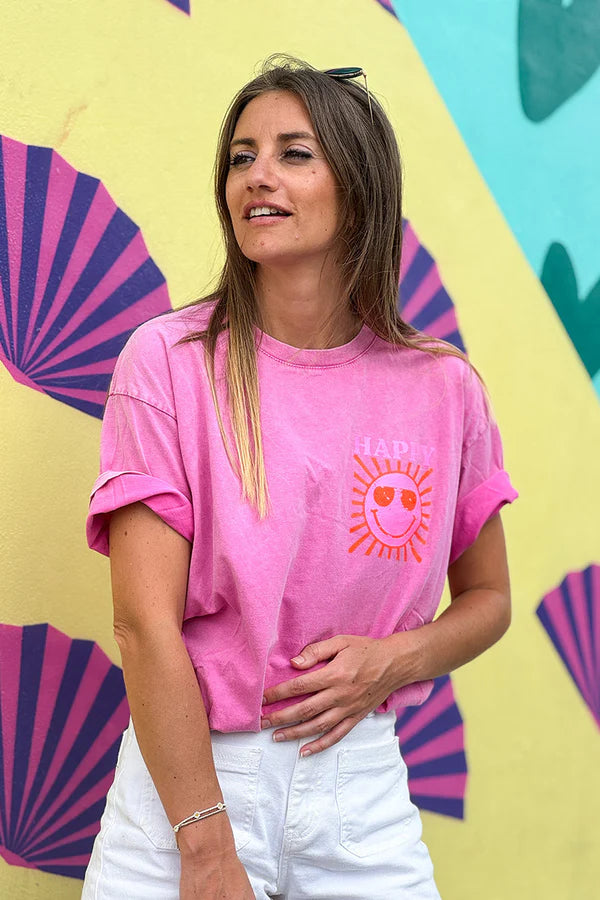 Pink Happy Sun Screen Print Tee