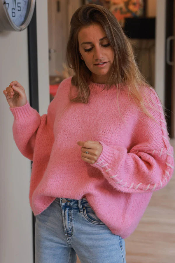 Pink Knit Sweater with Blanket Stitch Trim