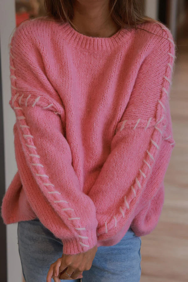 Pink Knit Sweater with Blanket Stitch Trim