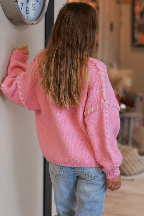 Pink Knit Sweater with Blanket Stitch Trim