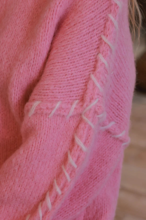 Pink Knit Sweater with Blanket Stitch Trim