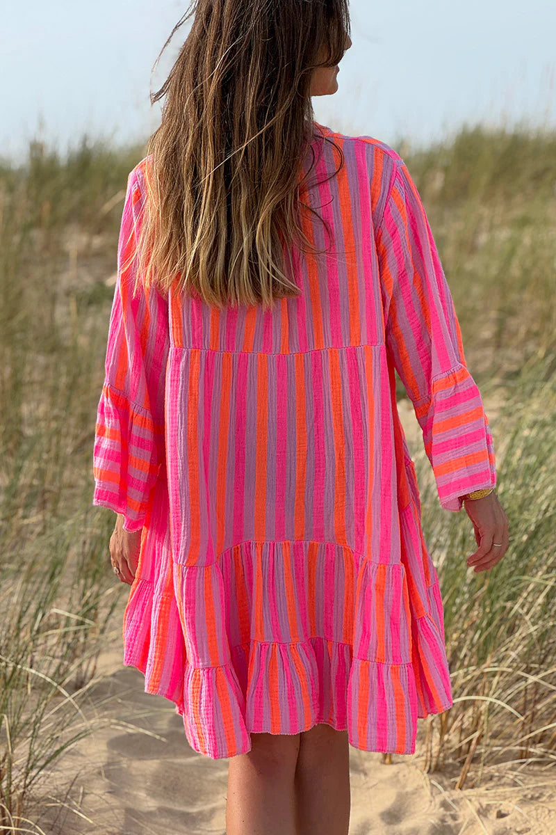 Pink Neon Stripe Bell-Sleeve Cabana Dress