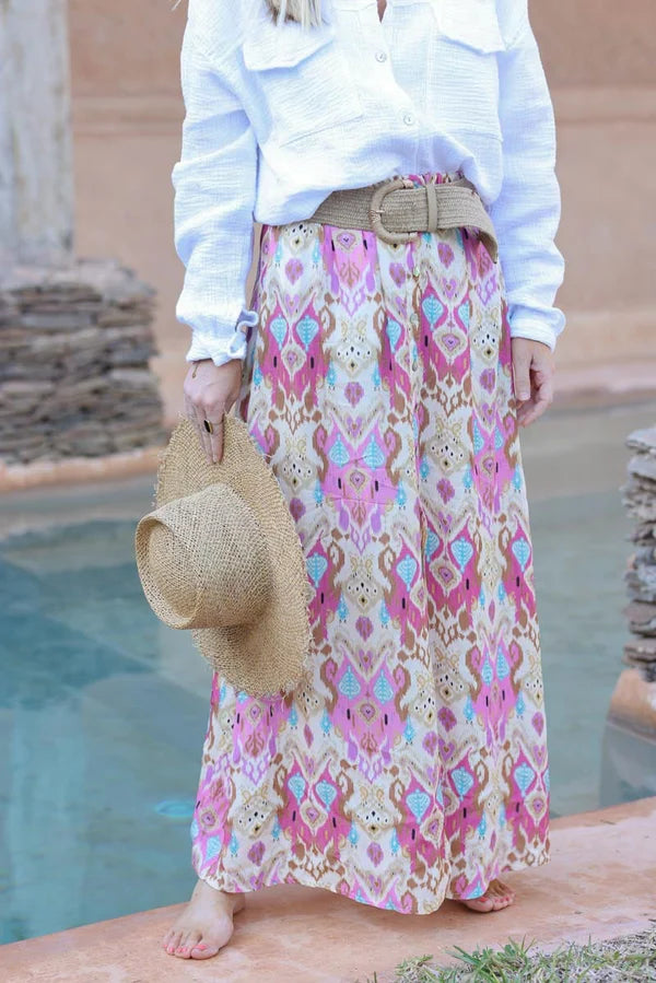 Pink oriental print maxi skirt with small mother of pearl buttons