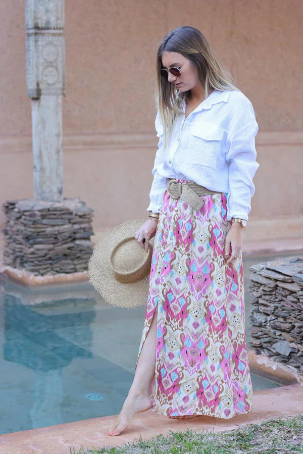 Pink oriental print maxi skirt with small mother of pearl buttons