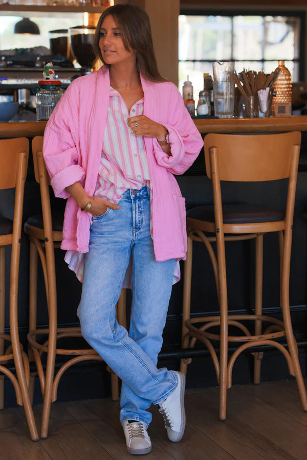 Pink Relaxed Fit Crinkle Cotton Gauze Jacket