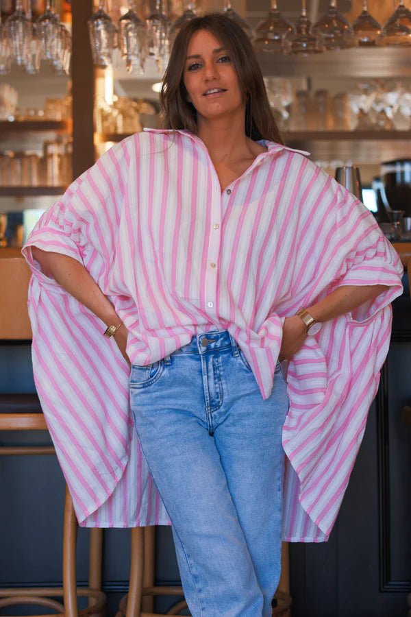 Pink Stripe Slouchy Cotton Button-Down Shirt