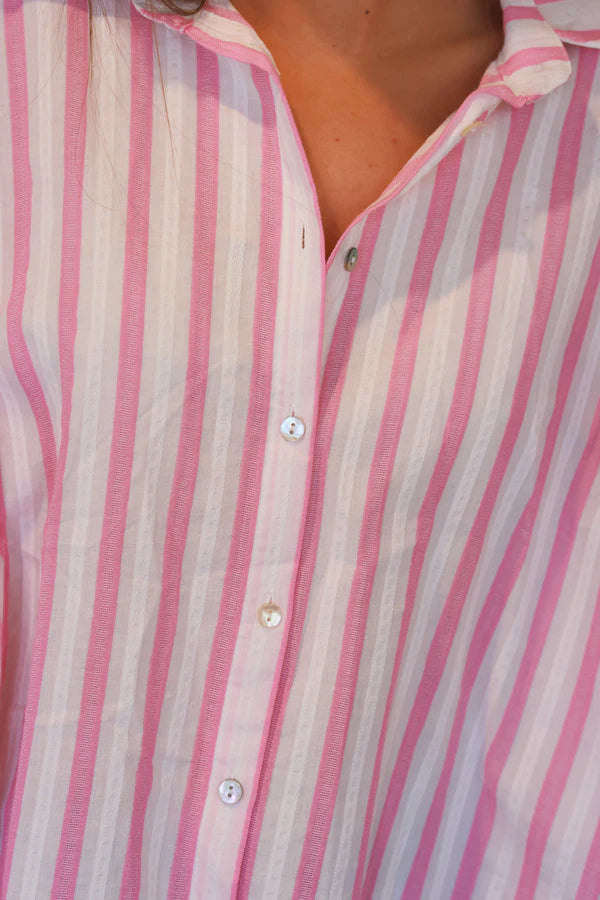 Pink Stripe Slouchy Cotton Button-Down Shirt