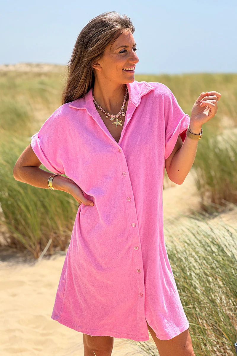 Pink Terry Cloth Button-Down Shirt Dress