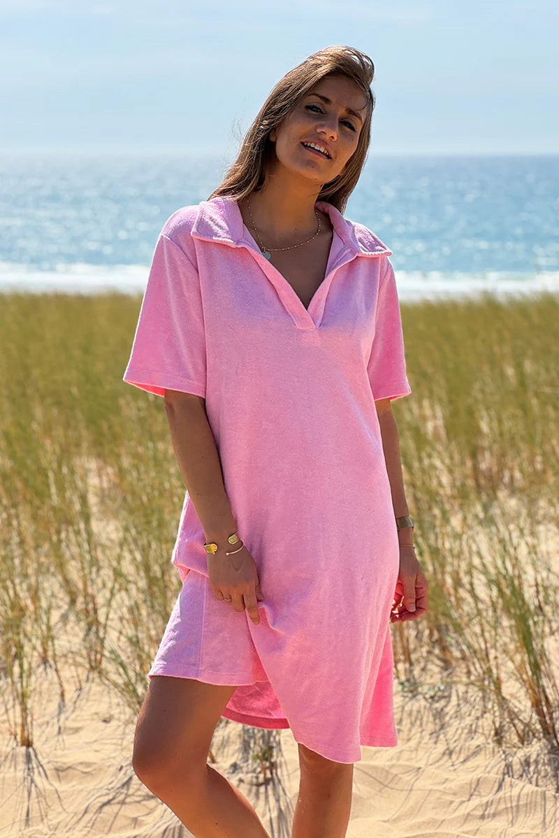 Pink Terry Cloth Collared V-Neck Dress