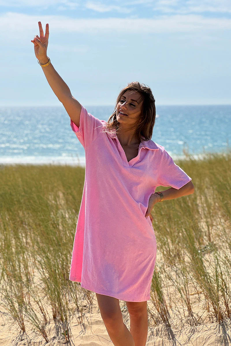 Pink Terry Cloth Collared V-Neck Dress