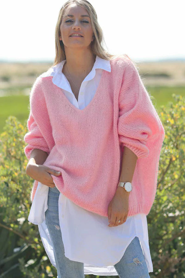 Pink Woollen v-neck Sweater with Batwing Sleeves