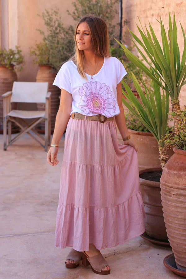 Powder pink brushed cotton maxi skirt with belt