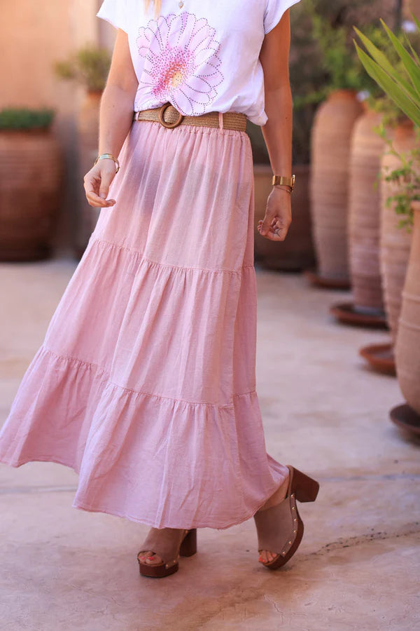 Powder pink brushed cotton maxi skirt with belt