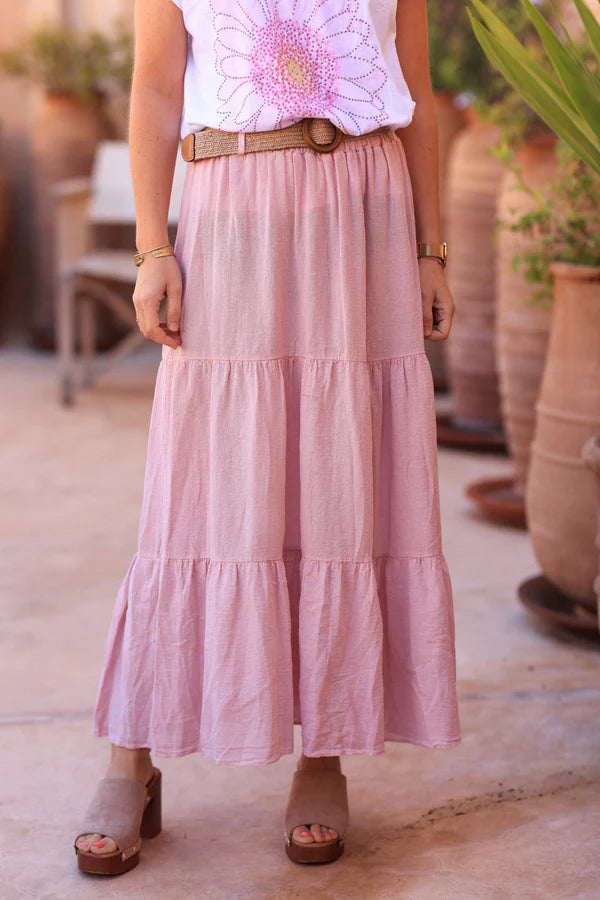 Powder pink brushed cotton maxi skirt with belt