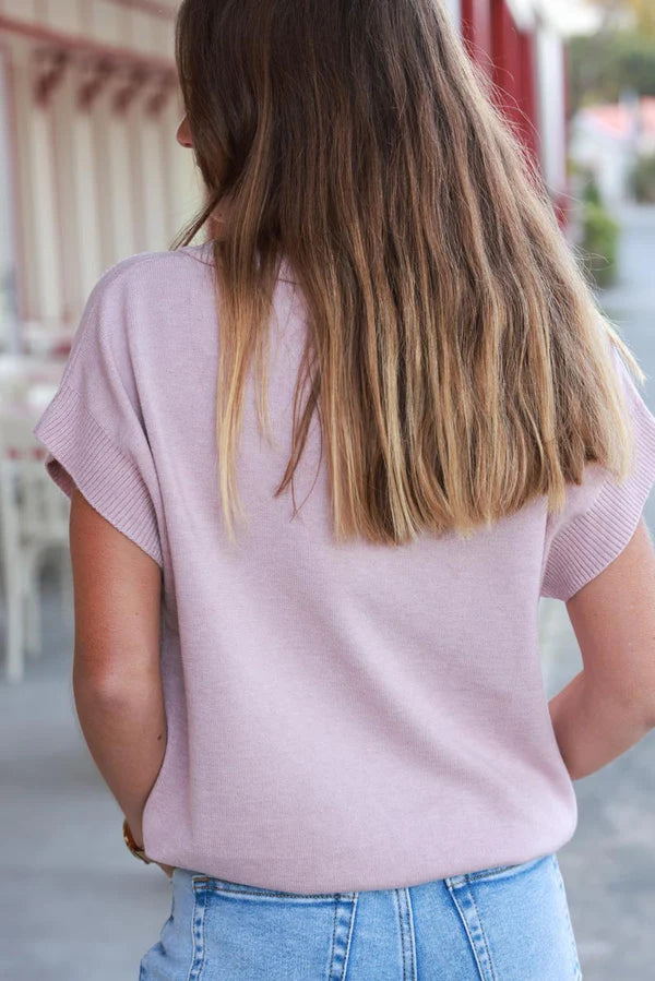 Powder Pink Cap-Sleeve Knit Top