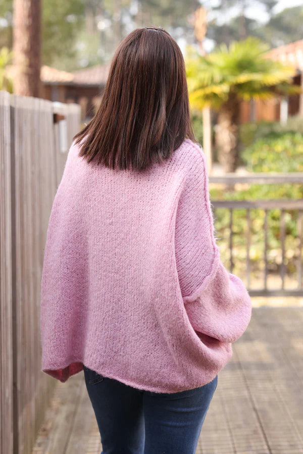 Powder pink Chunky Knit Sweater Oversized and Funnel Neck