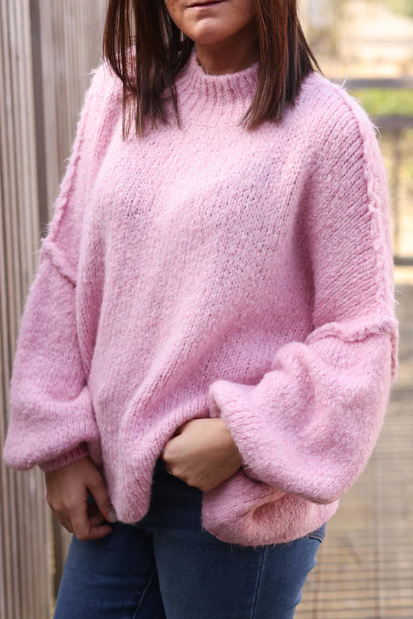 Powder pink Chunky Knit Sweater Oversized and Funnel Neck