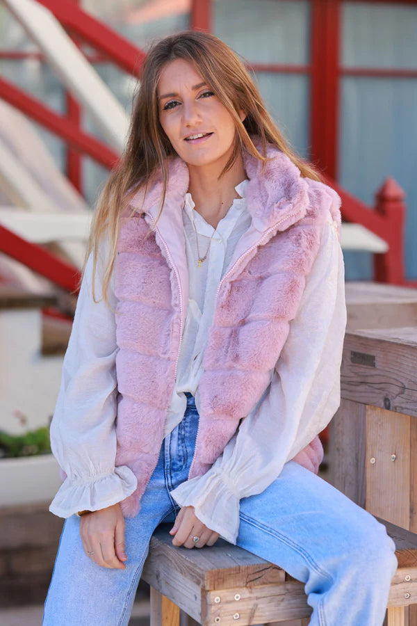 Powder pink Faux Fur Zip Front Vest