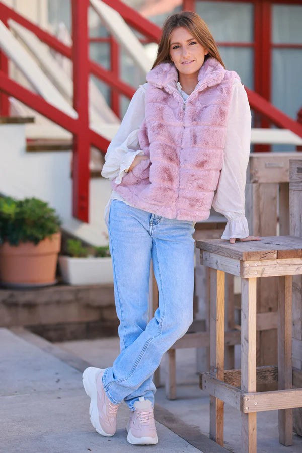 Powder pink Faux Fur Zip Front Vest