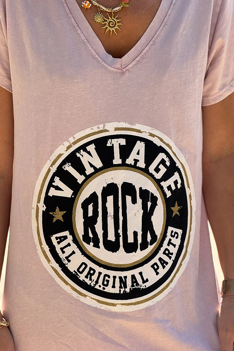 Powder Pink Vintage Rock V-Neck T-Shirt Dress