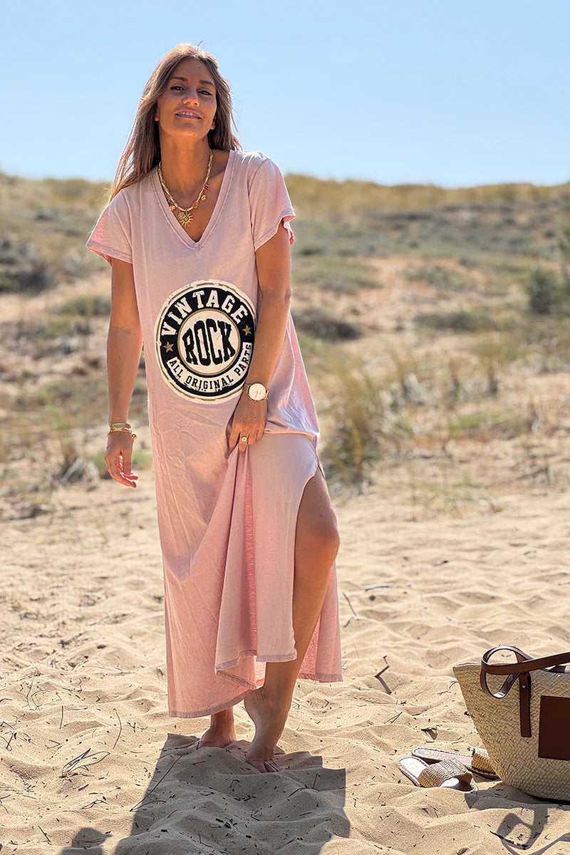 Powder Pink Vintage Rock V-Neck T-Shirt Dress