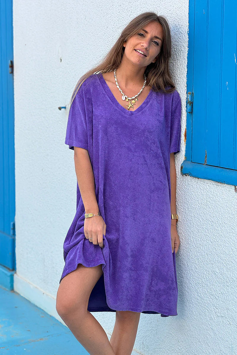 Purple Brushed Velour V-Neck Lounge Dress