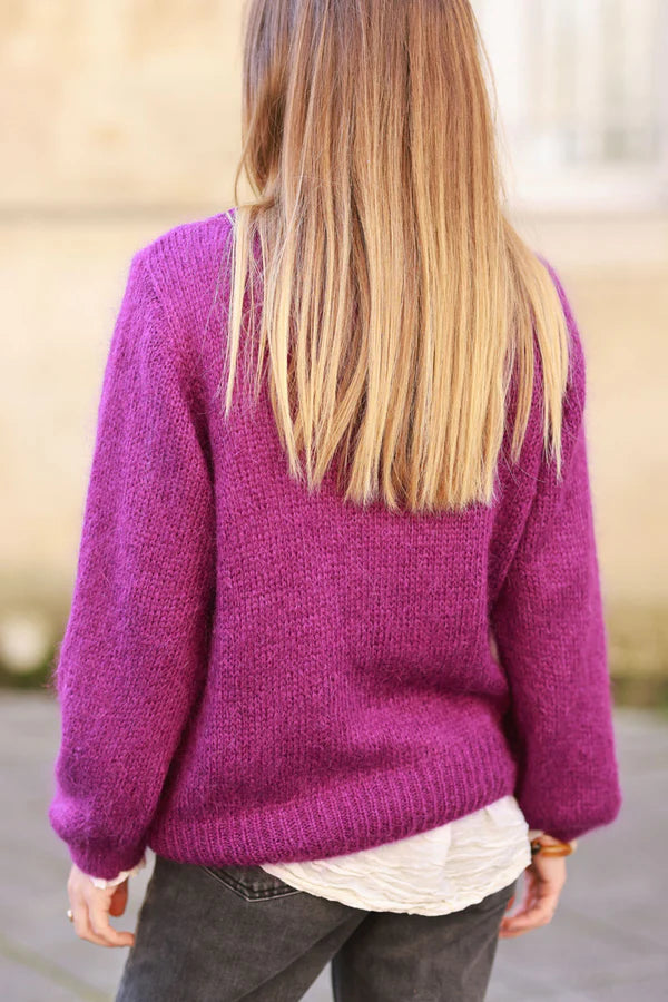 Purple Knitted Mohair Blend Sweater Round Neck