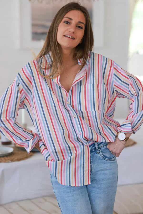 Rainbow Stripe Cotton Poplin Button-Down Shirt