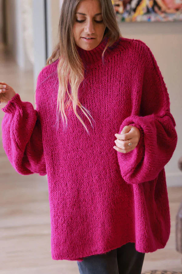 Raspberry Chunky Knit Sweater Oversized and Funnel Neck