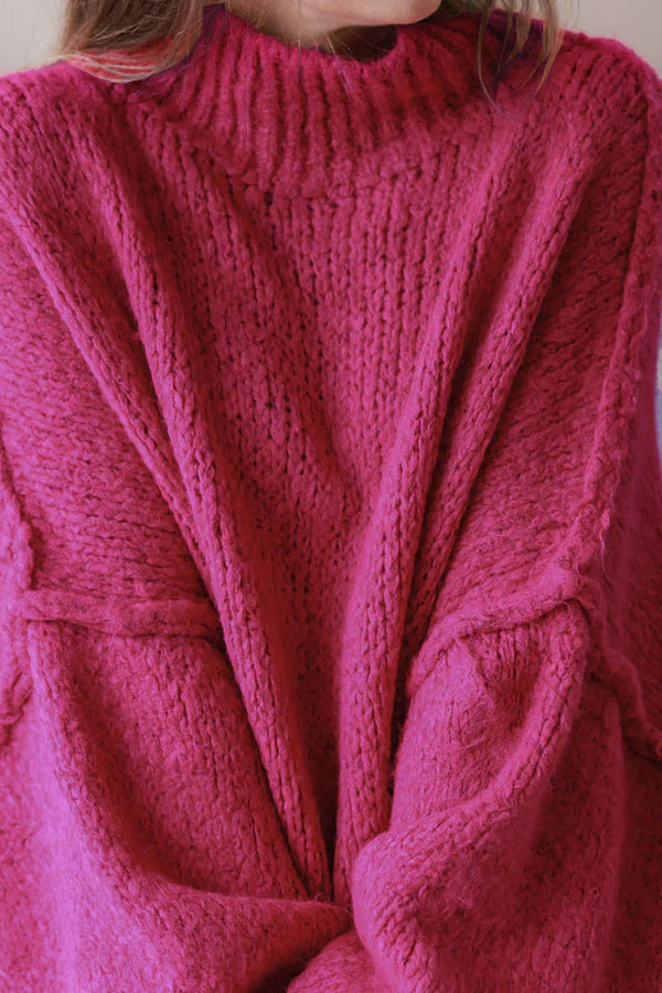 Raspberry Chunky Knit Sweater Oversized and Funnel Neck