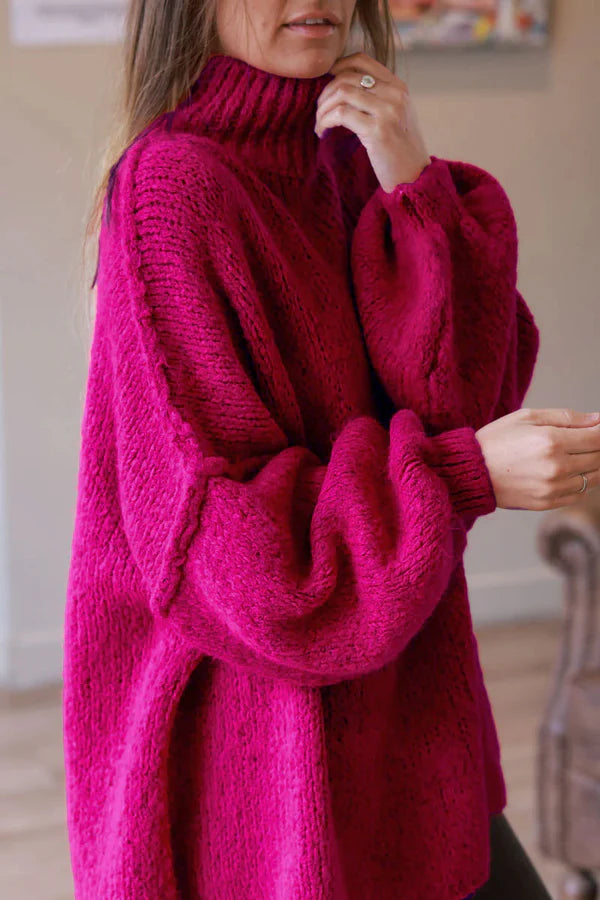 Raspberry Chunky Knit Sweater Oversized and Funnel Neck