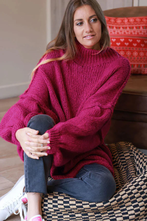 Raspberry Chunky Knit Sweater Oversized and Funnel Neck