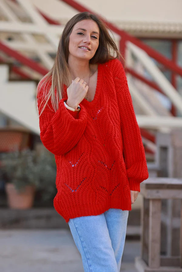 Red Crochet Knit Sweater